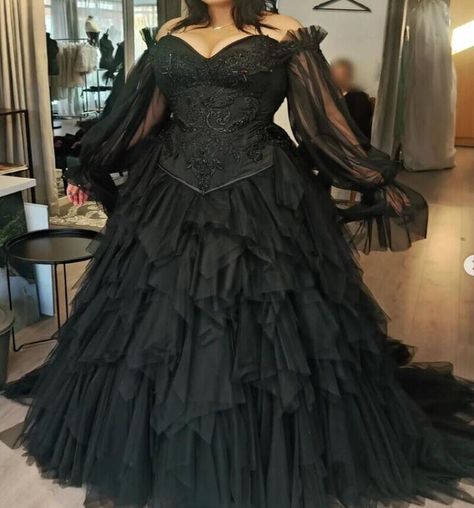 Plus Size Gothic Wedding Dresses Black Off the Shoulder Ruffles Lace Bridal Gown | eBay Gothic Bridesmaids Dresses, Hi Lo Wedding Dress With Sleeves, Goth Ball Gown Plus Size, Plus Sized Fantasy Dress, Black Gothic Corset Wedding Dress, Blue Plus Size Wedding Dress, Black Medieval Wedding Dress, Black Wedding Dress Flowers, Off Shoulder Black Dress Plus Size