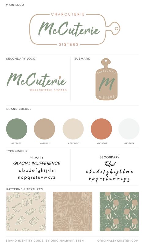 Custom Small Business Brand design for McCuterie Sisters - a local owned Charcuterie Board Business with an organic logo flair. Hand drawn logo on custom patterned thank you cards featuring cheese, wood and other natural patterns. Food Business Branding, Color For Food Branding, Food Logo Design Identity Branding, Charcuterie Board Branding, Food Business Color Palette, Colour Palette For Food Brand, Charcuterie Board Logo Design, Playful Branding Design, Charcuterie Board Business Logo