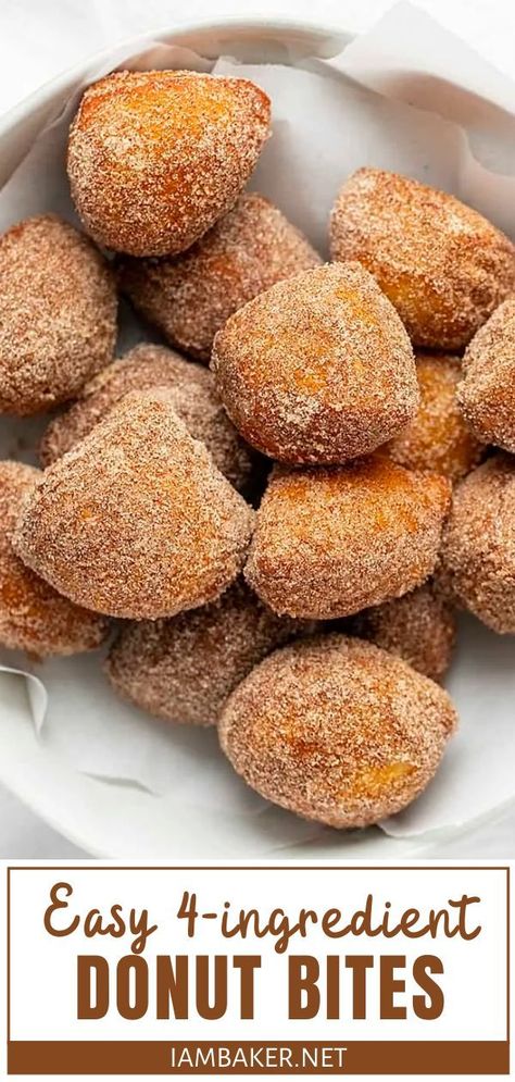 A quick and easy donut recipe made with just a few ingredients! This sweet treat is made of a delicious fried dough covered in a cinnamon and sugar mixture. Make this for breakfast, snack or dessert! Quick Donut Recipe Fried, Easy Desserts With Few Ingredients Quick, Quick And Easy Snacks To Make, Recipe Donut, Beignets Cuits, Donut Bites, Quick And Easy Snacks, Easy Donut Recipe, Fried Dessert