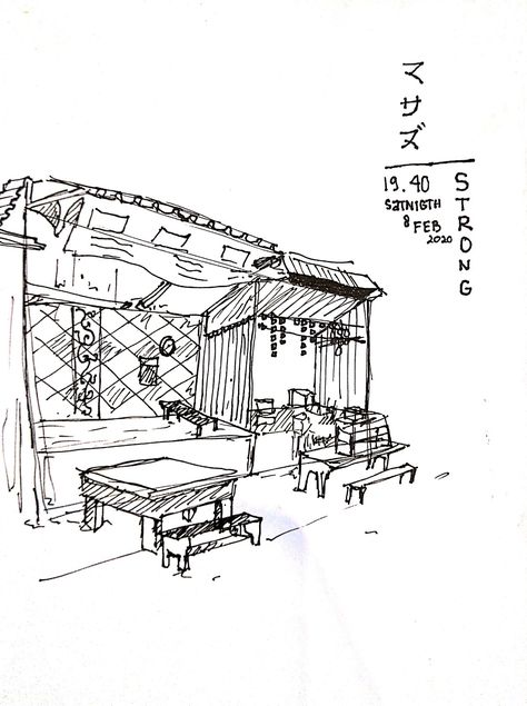 I draw traditional coffee shop in my place Road Side Tea Stall Drawing, Drawing Of Coffee Shop, Tea Stall Illustration, Coffee Shop Sketch Drawings, Cafe Sketch Coffee Shop, Tea Shop, Coffee Shop, Van, Digital Art