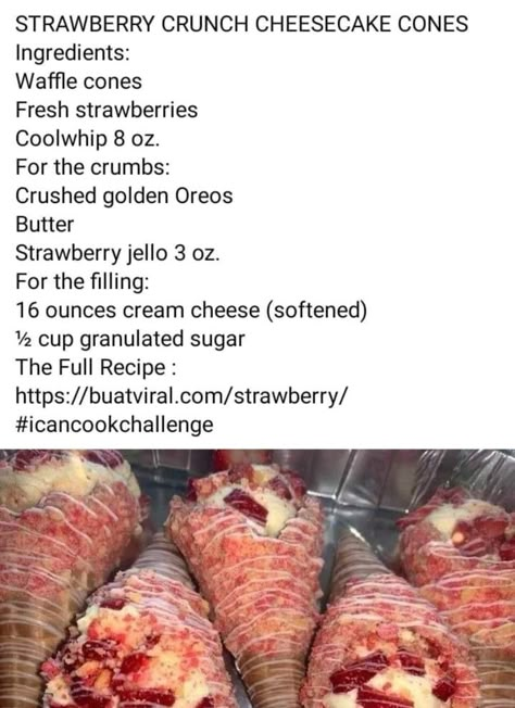 Dessert Recipes To Sell, Strawberry Crunch With Golden Oreos And Jello, Strawberry Crunch Cheesecake Tacos Recipe, Strawberry Crunch Banana Pudding Cheesecake, Mini Strawberry Crunch Cheesecake, Treats To Sell, Strawberry Crunch Cheesecake Stuffed Strawberries, Cone Dessert, Strawberry Treats