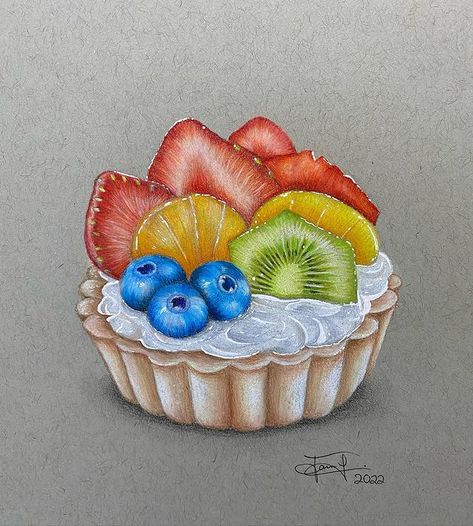 Colored Pencil Food Drawings, Art Fruit Drawing, Dessert Drawing Realistic, Colour Pencil Drawing Ideas, Pastries Drawing, Easy Colored Pencil Drawing, Realistic Drawings Colored Pencils, Dessert Drawings, Colorpencils Drawing