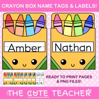 Free Printable Cubby Name Tags, Crayon Theme Classroom Free Printables, Kindergarten Name Tags Printable, Cute Name Tags For School, Crayon Classroom Theme Decor, Crayon Name Tags, Apple Name Tags, Name Tags For Classroom, Kindergarten Name Tags