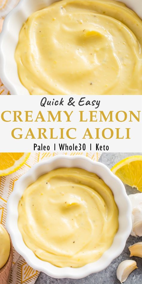 Luscious, velvety lemon garlic aioli is perfectly garlicky with tons of tangy, refreshing lemon flavor. Use it to top grilled or baked fish, shrimp, or chicken, crab cakes, and burgers. Lemon Aioli For Crab Cakes, Shrimp Cakes With Lemon Aioli, Aioli Recipes, Lemon Garlic Aioli, Shrimp Cakes, Sandwich Sauces, Lemon Aioli, Gourmet Food Plating, Aioli Recipe