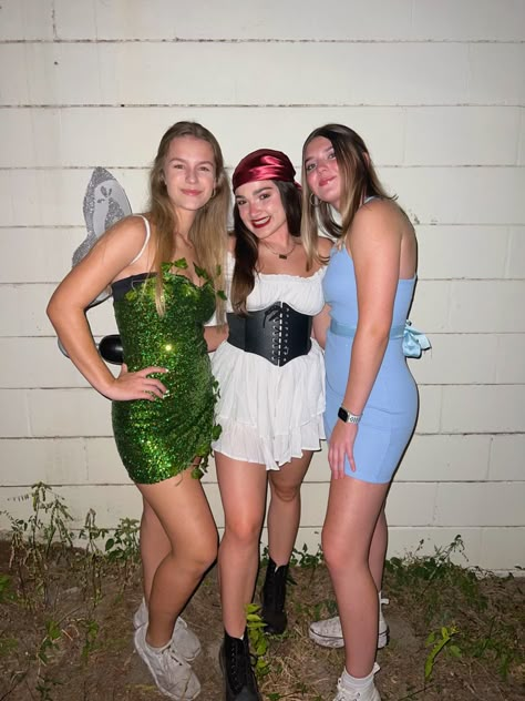 Tinker Bell And Pirate Costume, Tinker Bell Trio Costume, Tinkerbell And Pirate Costume, Tinker Bell Costume Ideas, Tinkerbell And Hook Costume, Tinkerbell And Friends Halloween Costume, Tinker Bell And Friends Costumes, Tinker Bell Group Costume, Tinker Bell And Captain Hook Costume