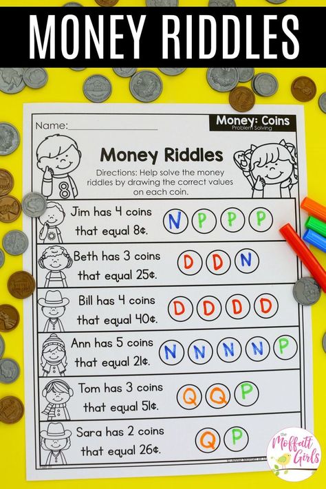 Money Riddles first grade math worksheet #money Kindergarten Money Worksheets, Money Kindergarten, Math Money, Money Math Worksheets, Third Grade Math Worksheets, Money Counting, Learning Money, Teaching Money, Money Activities