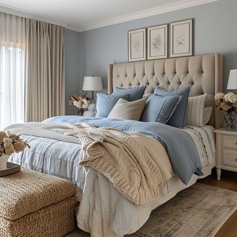 Blue Gray Tan Bedroom, Blue Tan Bedroom Ideas, Light Blue Beige Bedroom, Dusty Blue Guest Bedroom, Blue Tan And White Bedrooms, Pale Blue And Cream Bedroom, Blue White Beige Bedroom, Luxury Bedroom Color Palette, Slate Blue Bedroom Ideas