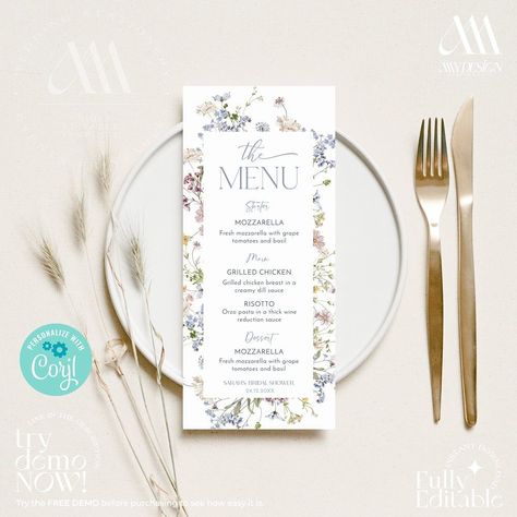 Wildflower bridal shower menu card template, Floral bridal shower brunch menu, Printable menu B017 Menu For Bridal Shower Luncheon, Bridal Shower Menu Cards, Floral Menu Design, Bridal Luncheon Menu, Bridal Shower Menu Ideas, 30th Celebration, Bridal Shower Brunch Menu, Bridgerton Party, Wedding Menus Design