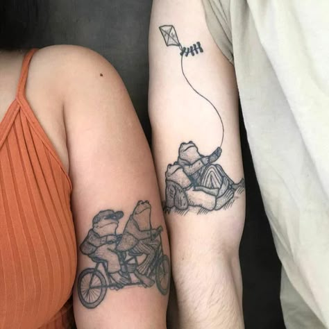 Fairy And Frog Tattoo, Frog And Toad Tattoo Simple, Frog And Toad Matching Tattoo, Frog And Toad Tattoos, Max And Ruby Tattoo, Twinning Tattoos, Childhood Tattoos, Frog And Toad Tattoo, Frog Pumpkin