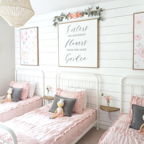 Darling shared girls bedroom in blush pink, grey, white, gold with floral decor. "Sisters are different flowers from the same garden" by Ellison Made Sisters Are Different Flowers, Sister Bedroom, Shared Girls Room, Sister Room, Shared Girls Bedroom, Floral Bedroom, Loft Bedroom, Toddler Girl Room, Shared Bedroom