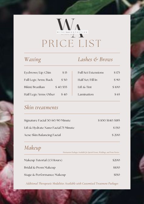 Facials Price List, Esthetician Business Plan Template, Esthetician Money, Esthetics Price List, Esthetician Policy, Esthetician Retail Ideas, Esthetician Sales Ideas, Price List Esthetician, Esthetician Price List Ideas