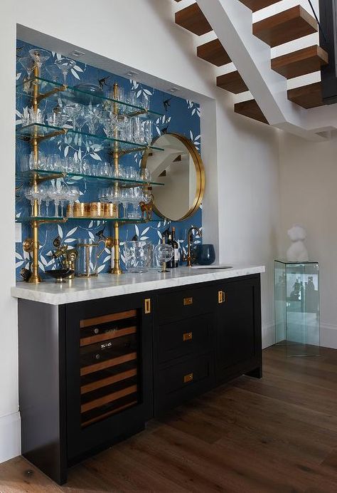 Black Wet Bar Cabinets with Brass Campaign Hardware - Transitional - Kitchen Wet Bar Shelves, Wet Bar Ideas With Sink, Black Wet Bar, Wet Bar Cabinets, Round Brass Mirror, Wet Bar Ideas, Bar Shelves, Bar Cabinets, Diy House Renovations