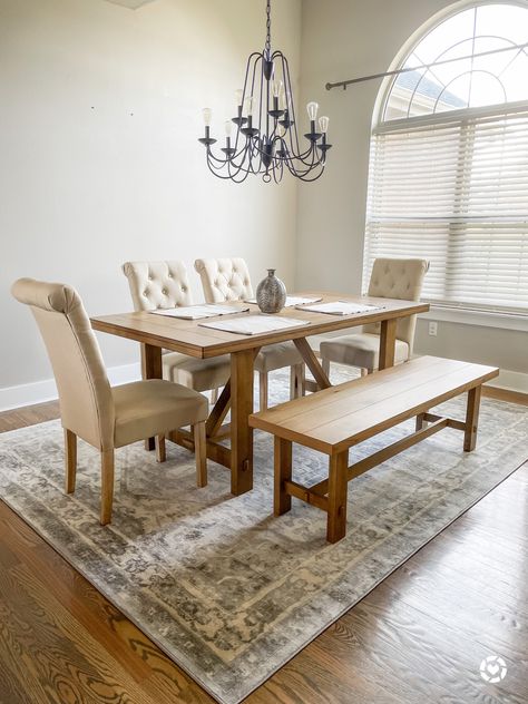 Tan Dining Chairs, Black Buffet Table, Cream Dining Room, Tan Dining Chair, Black Buffet, Farmhouse Vibes, Grey Rug, Black Chandelier, Color Theme