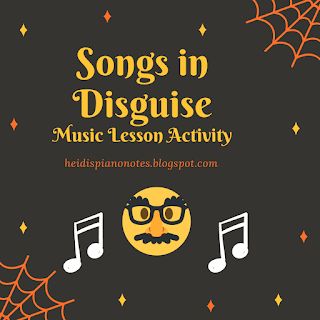 Heidi’s Piano Studio: Songs in Disguise: A Music Lesson Activity Halloween Piano Games, Group Piano Games, Piano Group Lesson Games, Halloween Music Lessons, Halloween Music Activities, Spooky Song, Group Piano Lessons, Piano Games, Name That Tune