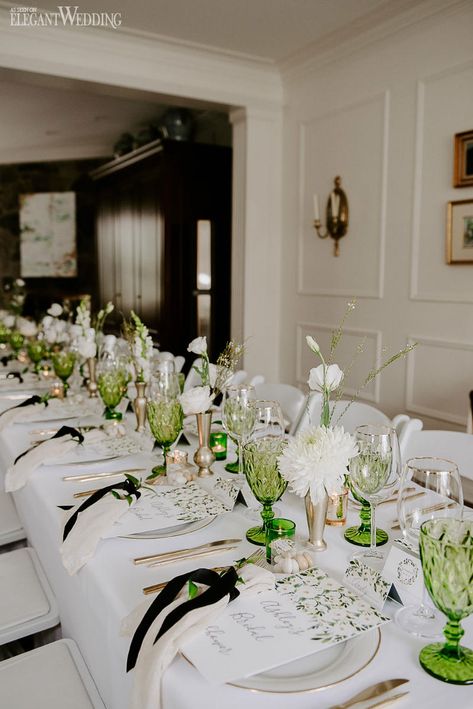 Black Brunch Decor, Shades Of Green Bridal Shower Decor, Black And Green Bridal Shower Ideas, Black White Green Bridal Shower Ideas, Green And White Bridal Shower Ideas, Green Themed Bridal Shower Ideas, Bridal Shower Themes Black And White, Green Theme Bridal Shower Ideas, White Bridal Shower Flowers