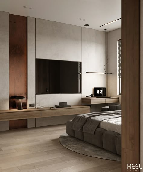 Bedroom Modern Design Minimalist, Modern Tv Wall Bedroom, Tv Unit Design Modern In Bedroom, Tv Unit In Bedroom Interior Design, Modern Bedroom Design Behance, Master Room Tv Wall, Bedroom Behance Design, Bedroom Ideas Behance, Tv Wall Design Modern Master Bedrooms