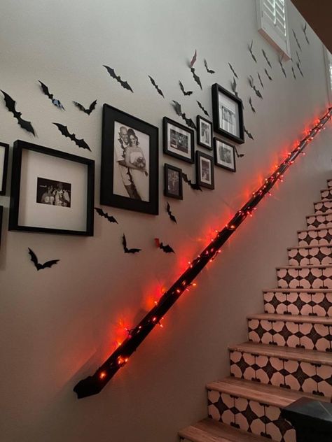 Inside Halloween Decor Living Room, Halloween Decorations Living Room, Halloween Housewarming Party, Living Room Halloween Decor, Halloween Living Room, Halloween Housewarming, Diy Jar, Staircase Decor, Diy Jar Crafts