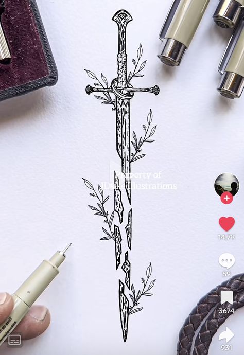 Way Of Kings Tattoo, Lotr Swords Tattoo, Small Lotr Tattoo Simple, Shards Of Narsil Tattoo Design, Narsil Tattoo With Flowers, Lotr Spine Tattoo, Knife Tattoos For Men, The Thirteen Tattoo, Book Spine Tattoo