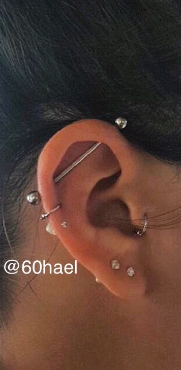 Piercings With Industrial Bar, Ear Piercing Ideas With Industrial Bar, Ear Piercing Ideas With Industrial, Bar Earrings Cartilage, Two Lobe Piercings, Industrial Ear Piercing, Helix Bar, Piercings Chart, Industrial Bar Piercing