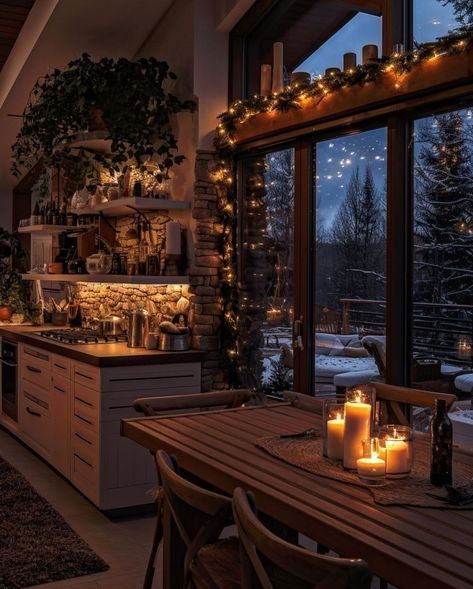 Kitchen Vibes Aesthetic, Cozy Home Aesthetic Kitchen, Cosy Kitchen Aesthetic, Cozy Cabin House, Kitchen Aesthetic Cozy, Simple Elegant Christmas Tree, Cozy Winter Home, Faux Fur Pillows, Metallic Ornaments