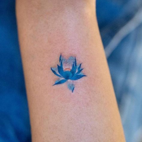 Blue Lotus Flower Tattoo, Buddha Lotus Tattoo, Lotus Tattoo Ideas, Blue Lotus Tattoo, Bishop Tattoo, Lotus Tattoo Meaning, Lotus Flower Tattoos, Blue Flower Tattoos, Larkspur Tattoo