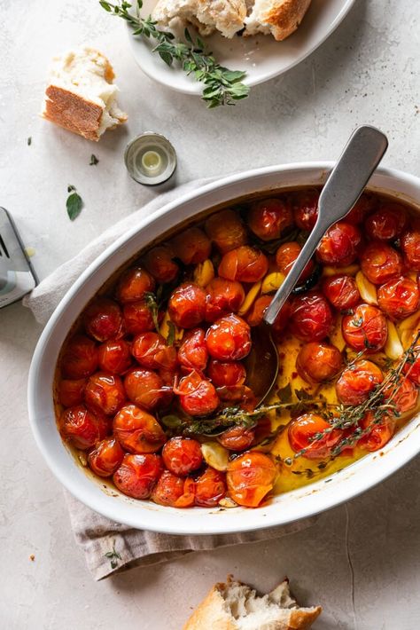 Quick Tomato Garlic Confit - Life is but a Dish Garlic Confit Bruschetta, Garlic Confit Sandwich, Confit Tomatoes And Garlic, Tomato Garlic Confit Pasta, Cherry Tomato Garlic Confit, Cherry Tomato Confit Recipe, Tomato And Garlic Confit, Tomato Confit Recipes, Garlic Confit Oven