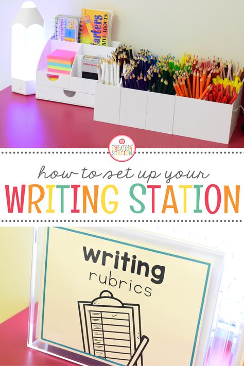 Create a fun and engaging writing station in your class to encourage your little learners to write! Find out how I created a fun writing space using just a cabinet! Upper Elementary Writing Center, Class Stations, Literacy Organization, Classroom Writing Center, Writing Wall, Creek Ideas, Parent Hacks, Kindergarten Writing Activities, Literacy Activities Kindergarten