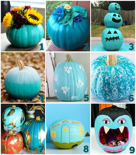 Blue Pumpkin Decorating Ideas, Blue Pumpkin Painting Ideas, Teal Autumn Decor, Teal Pumpkin Ideas, Teal Pumpkin Decor, Turquoise Pumpkin Decor, Teal Pumpkin Project Signs, Pumpkin Tablescape, Halloween Decorations To Make