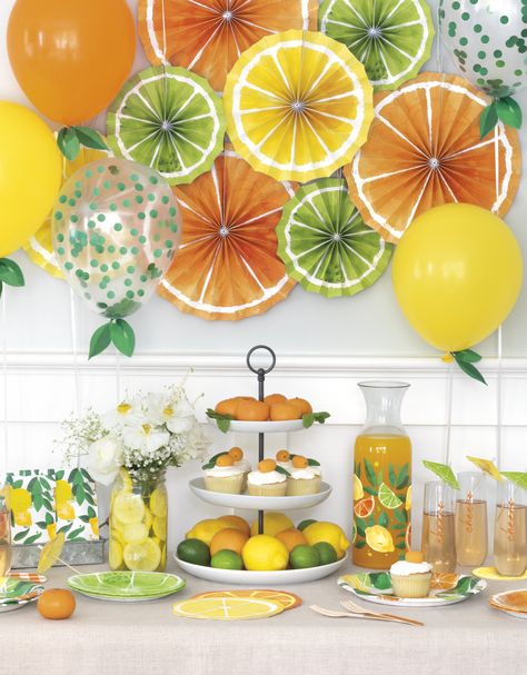 Citrus party supplies and citrus party decorations for the perfect party full of zing and zest! Fruit Party Decorations, Citrus Party, Bridal Shower Decorations Elegant, Baby Shower Fruit, Fruit Birthday Party, Lime Drinks, Citrus Baby, Citrus Cocktails, Cocktail Umbrellas