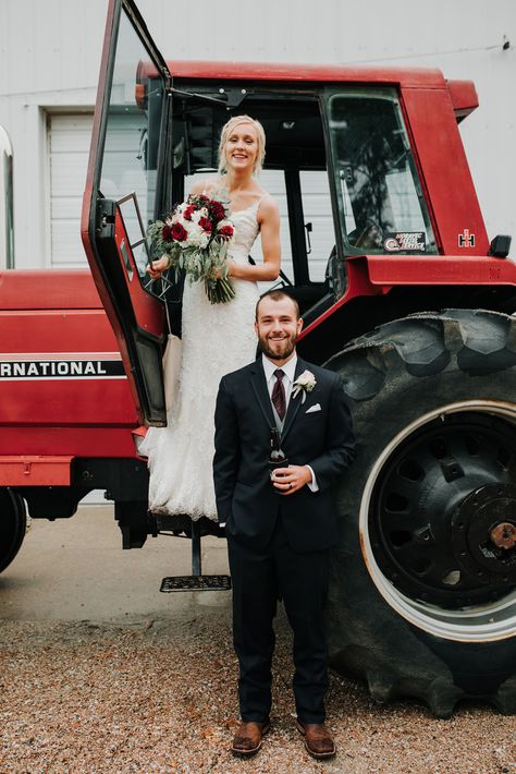 Tractor Photo  |  Small Town Wedding  |  Dana Osborne Design Wedding Photos With Tractor, Wedding Tractor Pictures, Tractor Wedding Photos, Tractor Wedding Ideas, Wedding Photos Farm, Tractor Photo Shoot, Wedding Tractor, John Deere Wedding, Small Town Wedding