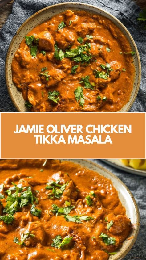 Jamie Oliver’s Chicken Tikka Masala is made with chicken breasts, onions, ginger, coriander, red chilli, groundnut or vegetable oil, plum tomatoes, coconut milk, flaked almonds, natural yogurt, lemon, and a tikka masala paste, creating a savory dish that takes an hour to prepare! Coconut Milk Tikka Masala, Crock Pot Tikka Masala Chicken, Spicy Tikka Masala Recipe, Tikka Masala Paste Recipe, Tikka Chicken Masala, Homemade Tikka Masala Sauce, Authentic Chicken Tikka Masala, Chicken Tikki Masala, Tikki Masala Recipe