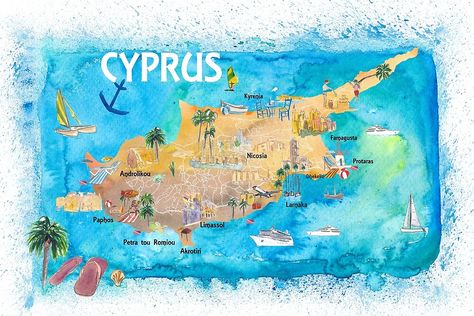 Cyprus Map, La Art, Limassol, Illustrated Map, Vintage Map, Cyprus, Retro Poster, Cool Artwork, Art Original