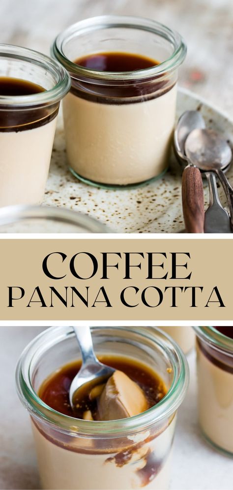 Get your coffee fix in dessert form with this coffee panna cotta. A rich and creamy dessert that looks like it belongs in a restaurant, but secretly takes only minutes to make (plus chilling time). Dessert For Restaurant, Easy Pretty Dessert, Coffee Gelatin Dessert, Coffee Dessert Ideas, Dessert Menu Ideas, Panacota Recipe, Coffee Flavored Desserts, Panda Cotta, Recipes With Coffee