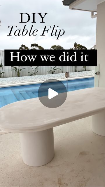 Ingrid Carter | DIY on Instagram: "How we made the concrete table. Items Used - Marketplace old timber table - two planks of wood - white Enamel paint for the bottom - cornice concrete - sander - concrete sealant - White Harper Cylinder Pots from @bunnings - liquid nails #diyjuly #bunnings #diy #duluxdiy #concretetable #flipfam #womenwhocreate #interiorstyling #styling #interiors #beforeandafterrenovation #beforeandafterhome #design #theupcyclingclub #furnitureartist #inspired #create #furnitureflipfam #smallbusiness #pruewhite #style" Diy Cement Dining Table, Diy Bistro Table, Concrete Table Base, Diy Concrete Dining Table, Diy Cement Table, Cement Table Top Diy, Diy Concrete Dining Table Top, Diy Table Legs Ideas, Outdoor Concrete Table