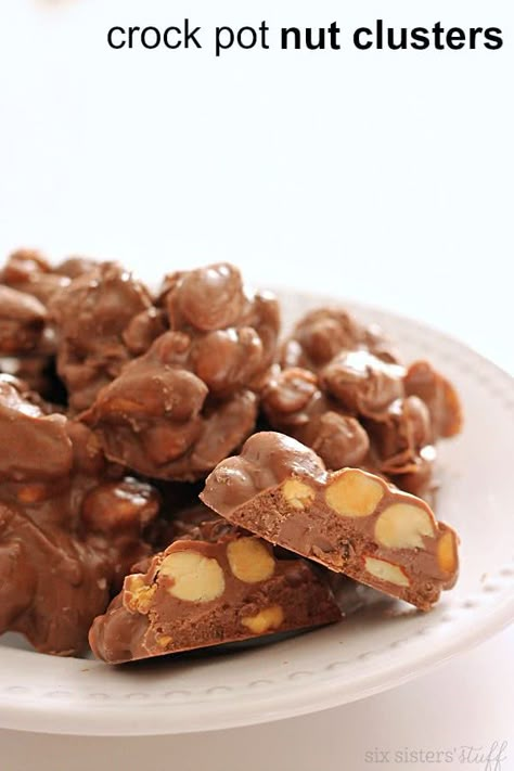 Crock Pot Nut Clusters | Six Sisters' Stuff Notre Dame Tailgate, Nut Cluster Recipe, Winter Sweets, Six Sisters Recipes, Clusters Recipe, Nut Clusters, Peanut Clusters, Popcorn Candy, Milk Chocolate Candy