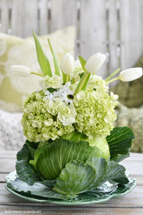 DIY Spring Green Cabbage Vase Floral Arrangement for St. Patrick's Day DIY | ©homeiswheretheboatis.net #stpatricksday #flowerarrangement #cabbage #spring Diy Frühling, Spring Centerpiece, Diy Arrangements, Hydrangea Not Blooming, Green Hydrangea, Flower Vase Arrangements, Irish Eyes, Garden Types, Flower Therapy