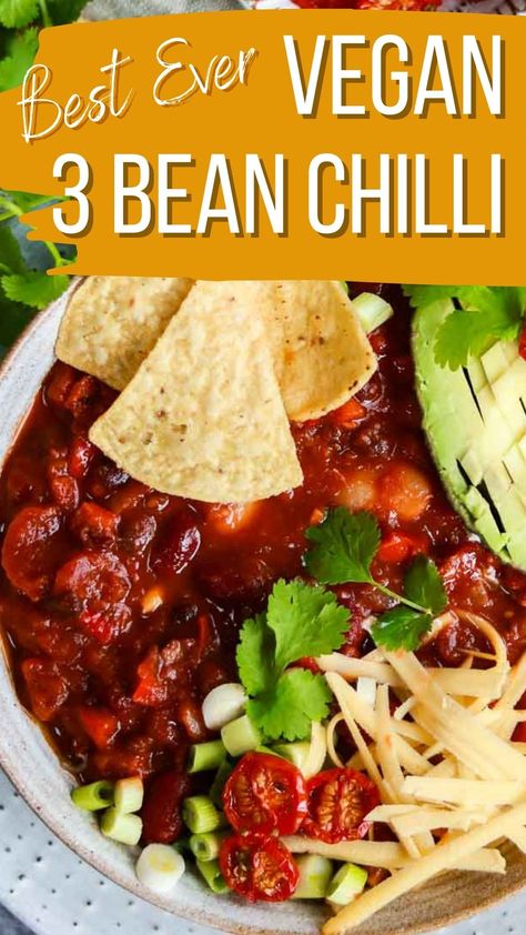 Rich and hearty, this vegan 3 bean chili is perfect for when you need to feed a crowd. With just the right level of spice, this chili recipe is packed with flavor. Top with all your favorite add ins! Vegan 3 Bean Chili, Meal Prep Cheap, 3 Bean Chili, Three Bean Chili, Vegan Bean, Vegan Chili Recipe, Bean Chilli, Cozy Weather, Winter Veggies