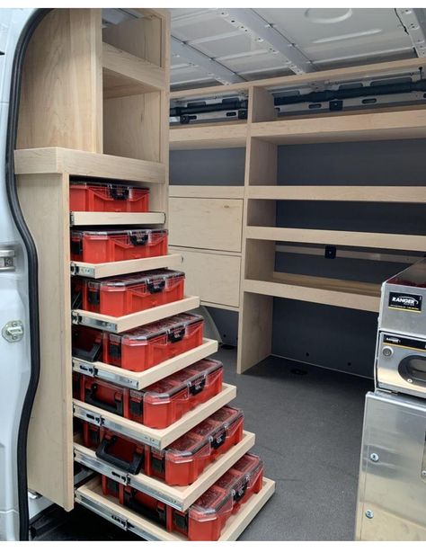 Sprinter Van Tool Storage Ideas, Electrician Van Organization, Cargo Van Shelving Ideas, Van Racking Ideas Carpenter, Van Tool Storage Ideas, Van Storage Ideas Tools, Work Van Organization Ideas, Packout Storage Ideas, Diy Van Storage Ideas