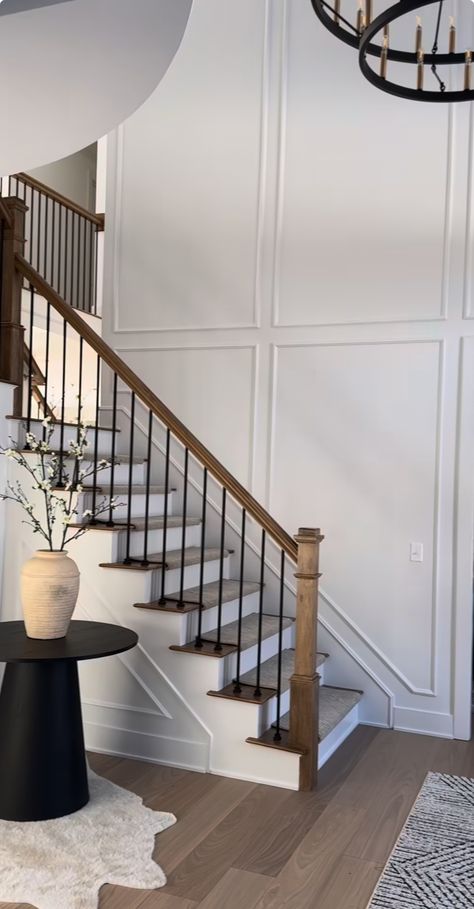 Wall Trim Up The Stairs, Simple Hallway Panelling, Staircase Molding Design, Wall Trim Staircase, Waynes Coating On Stairs, Moulding Staircase Wall, Entryway Staircase Decor, Wayne Scotting Staircase, Foyer Wall Paneling