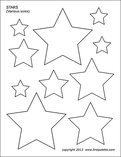 Free printable stars of various sizes to color and use for crafts and other learning activities. Star Felt Pattern, Printable Stars Prints, Free Star Pattern Printable, Felt Shapes Templates, 5 Point Star Template, Star Shape Template, Star Coloring Sheet, Star Patterns Printable, Moon And Stars Template Free Printable