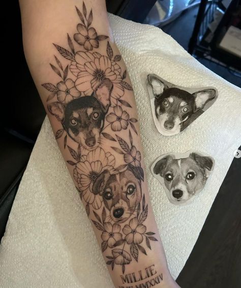 #Flower #Dog #Tattoo Flowers And Dog Tattoo, Flower Dog Tattoo, Paw Print And Flower Tattoo, Dog And Flower Tattoo, Bio On Instagram, Leg Tattoo Ideas, Flower Dog, Flower Sleeve, Leg Tattoo