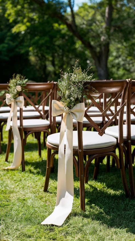 18 Wedding Aisle Decoration Ideas For Your Special Day Wood Wedding Aisle, Wedding Wooden Chairs, Bows On Ceremony Chairs, Pew Wedding Decorations, Outdoor Wedding Aisle Decor, Aisle Decorations Wedding, Wedding Aisle Decorations Outdoor, Dr Wedding, Wedding Aisle Decoration