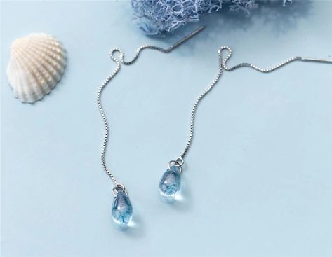 Literary Blue Crystal Water Droplet Earrings Droplets Of Water, Diy Wire Earrings, Blue Drop Earrings, Silver Threader Earrings, Droplet Earrings, Long Chain Earrings, Starburst Earrings, Korean Earrings, Sleek Chic