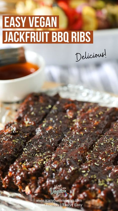 Incredibly tender Vegan BBQ Ribs, that are meaty, saucy and DELICIOUS! This recipe uses Beyond Meat and canned jackfruit for the BEST texture! #VeganRibs #Jackfruit Vegan Jackfruit Ribs, Vegan For Meat Lovers, Plant Based Jackfruit Recipes, Vegan Ribs Jackfruit And Beyond Meat, Jackfruit Ribs Vegan Recipes, Raw Vegan Jackfruit Recipes, Vegan Barbecue Ideas, Jack Fruit Recipes Vegan, Canned Jackfruit Recipes Vegan