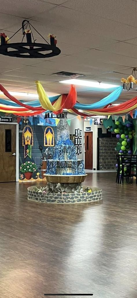 Mid Evil Party, Castle Sunday School Room, Kingdom Decorations Ideas, Kingdom Classroom Theme, Kingdom Keepers Vbs Decorations, Kingdom Party Decorations, Castle Vbs Decorations, Medieval Decorations Diy, Knight Party Decorations