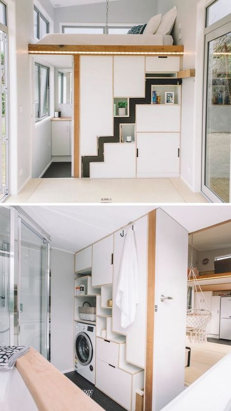 Optimize your tiny house with efficient design solutions and smart furniture choices. Tiny House Interior Bathroom, Bathroom In Tiny House, Loft Bedroom Bathroom Ideas, Tiny Bedroom With Bathroom, Tiny House Mezzanine, Tiny House Design Floor Plans Loft, Two Bedroom Tiny House Plans, Tiny Loft Bedroom, Tiny House Floor Plans With Loft