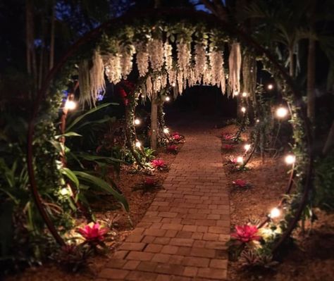 Moon Gate Aesthetic, Fantasy Themed Wedding Dresses, Dark Forest Prom Theme, Magical Garden Fantasy Night, Outdoor Wedding Venues Enchanted Forest, Fairy Garden At Night, Garden Wedding Night Outdoor, Forest Wedding Diy Decor, Outdoor Christmas Wedding Ideas