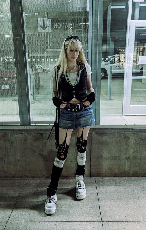 #y2kgrunge #cybery2k #alty2k #altstyle #y2kstyle #newrocks #vestoutfit #croppedvest #miniskirt #legwarmers #rippedtights #handwarmers Handwarmer Outfits, Hand Warmers, Quick Saves