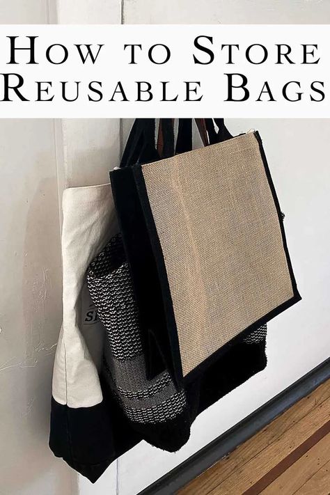 Made the switch to reusable bags but get overwhelmed by their clutter and disorganization? Check out how to store reusable bags here... Shopping Bags Storage, How To Store Reusable Shopping Bags, Organizing Grocery Bags, Reuseable Bag Storage Ideas, Reusable Grocery Bag Storage, Storage For Reusable Shopping Bags, Store Reusable Bags, Storing Reusable Bags, Reusable Shopping Bag Storage