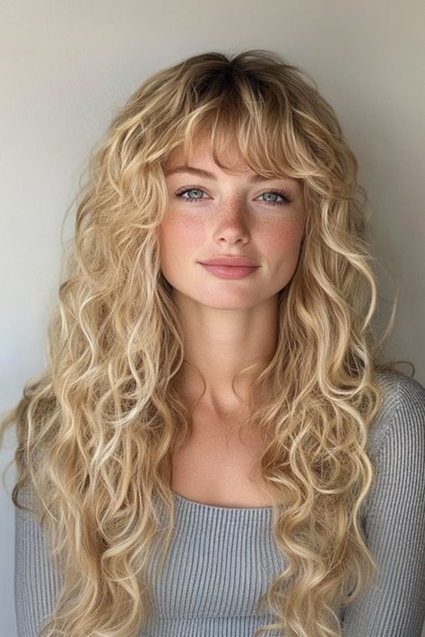 Haircuts For Blonde Curly Hair, Beach Waves Bangs, Wavy Hair With Bangs Blonde, Long Curly Hair Bangs Fringes, Long Curly Blonde Hairstyles, Curly Blonde Lob, Shaggy Bangs Curly Hair, Perm Hair With Bangs, Pin Curl Perm Medium Hair